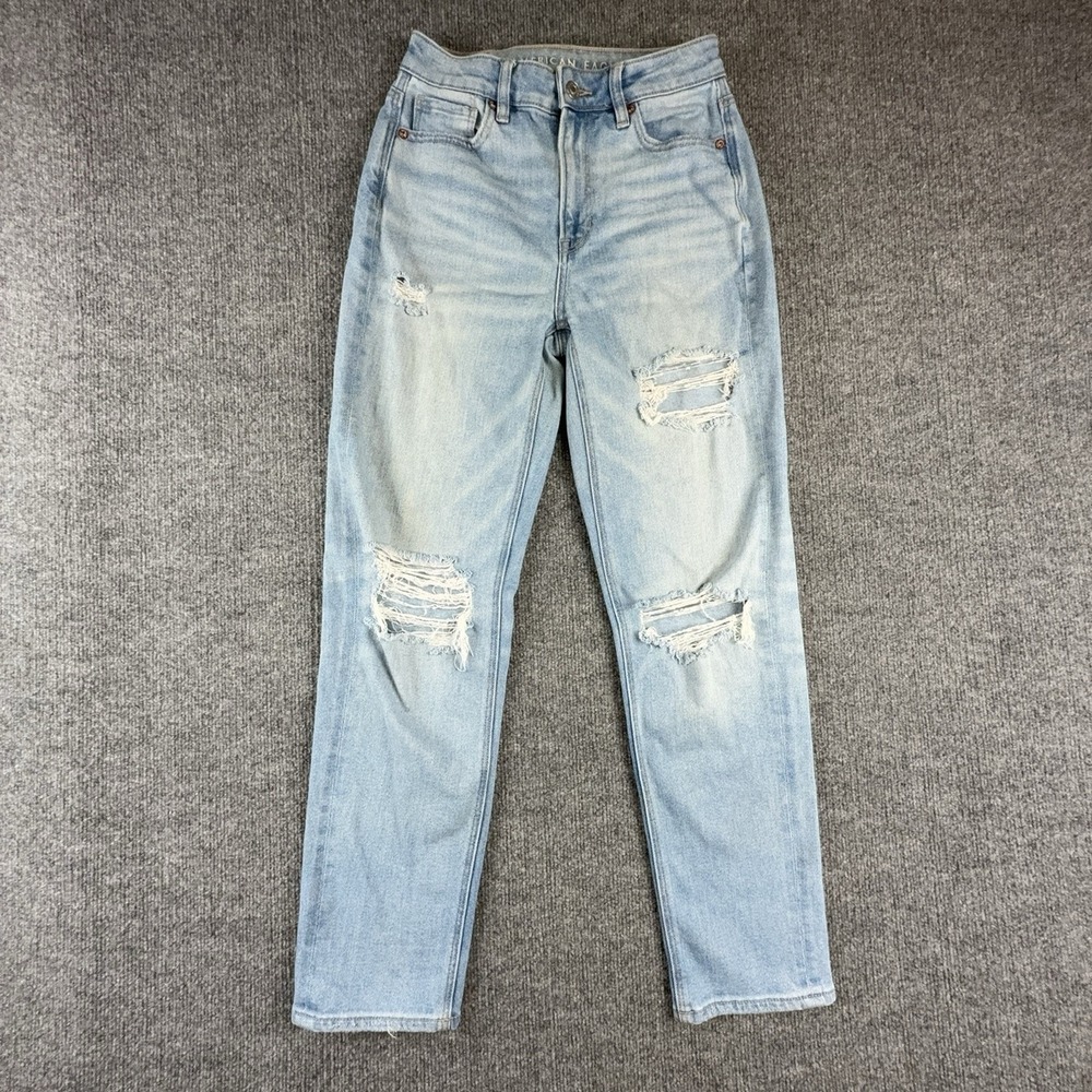 American Eagle Womens 0 High Rise Distressed Straight Leg Jeans Light Wash Blue